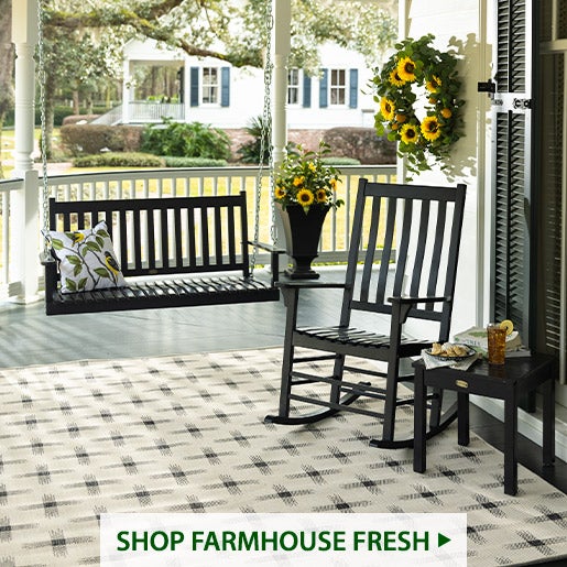 Image of Classic Wooden Slatted Porch Swing & Rocker and Side Table in Black. Shop Farmhouse Fresh