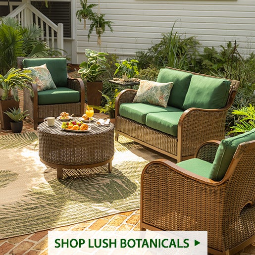 Image of Urbanna Seating Set with Textured Palm Leaves Rug. Shop Lush Botanicals
