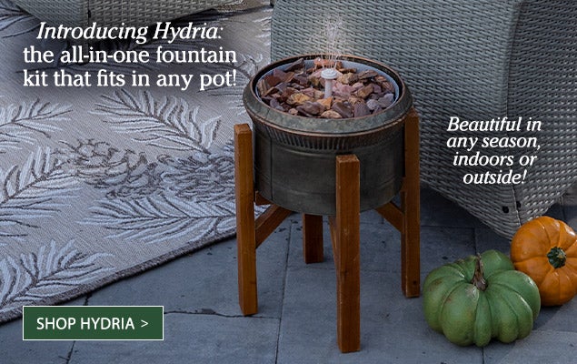 Image of Hydria Fountain. Introducing Hydria: the all-in-one fountain kit that fits in any pot! Beautiful in any season indoors or outside.  SHOP HYDRIA