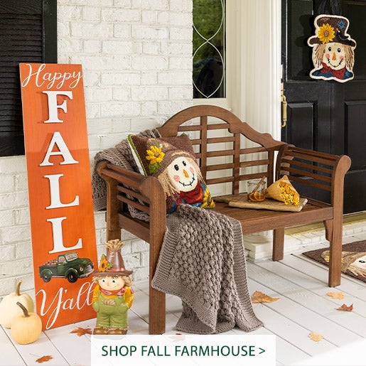 Image of Fall Porch Leaner, Lutyens Bench, Scarecrow Pillow. Shop Fall Farmhouse