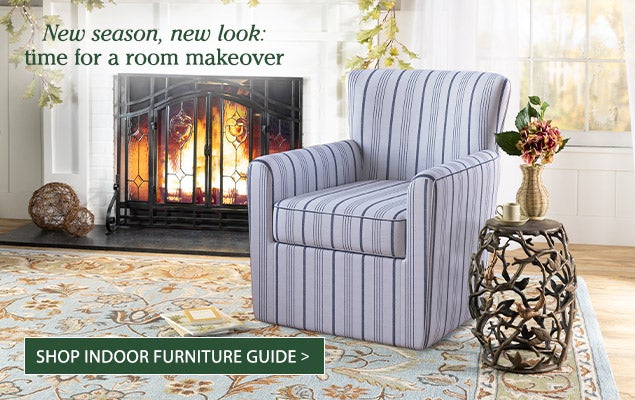 Image of Bronson Swivel Chair, Songbird Table. New season, new look: time for a room makeover.  SHOP INDOOR FURNITURE GUIDE