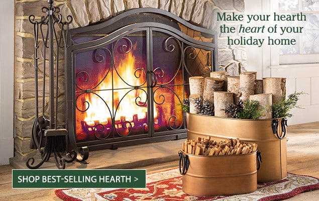 Image of Crest Fire Screen, Tool Set, Copper Log and Fatwood Tubs, McLean Hearth Rug. Make your heath the heart of your holiday home.  SHOP BEST-SELLING HEARTH