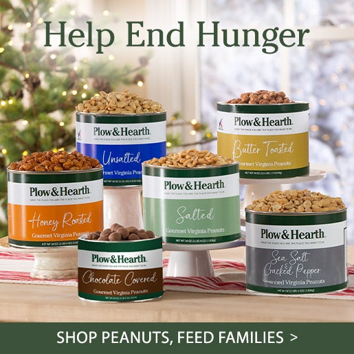 Image of an array of tins of gourmet peanuts. Help END Hunger! Shop Peanuts, Give Meals!