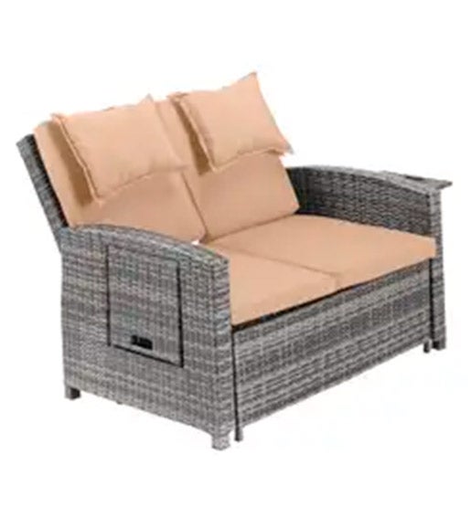 LOUNGERS > Image of a brown wicker lounge set with taupe cushions and built-in side tables.