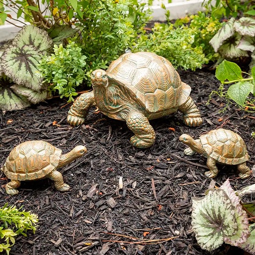 set of 3 realistic metal tortoise statues in bronze and verdigris color