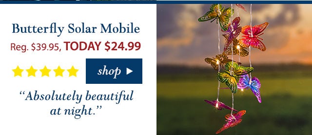 Butterfly Solar Mobile
Reg. $39.95 TODAY: $24.99 (37% OFF!)
5 stars
“Absolutely beautiful at night.” 
Buy Now>
