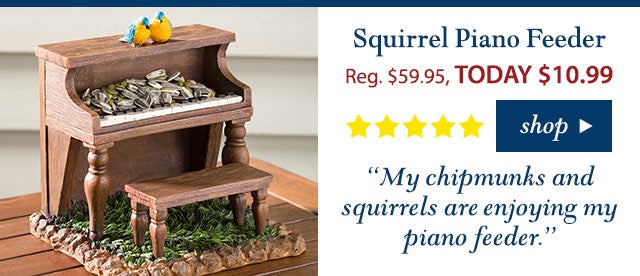 Squirrel Piano Feeder
Reg. $59.95 TODAY: $10.99 (82% OFF!)
5 stars
“My chipmunks and squirrels are enjoying my piano feeder.”
Buy Now>