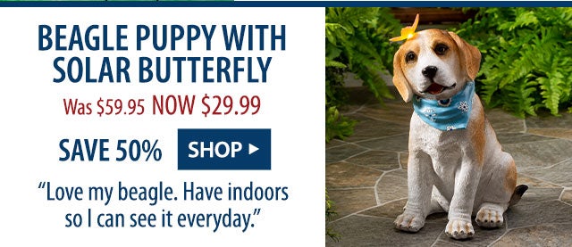 Beagle Puppy with Solar Butterfly Was $59.95 NOW $29.99 SAVE 50% âLove my beagle. Have indoors so I can see it everyday.â