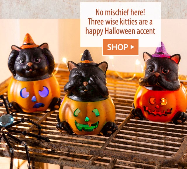 No mischief here! Three wise kitties are a happy Halloween accent