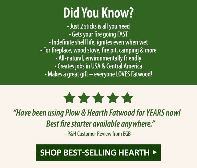 Did You Know? Just 2 sticks is all you need Gets your fire going FAST Indefinite shelf life, ignites even when wet For fireplace, wood stove, fire pit, camping & more All-natural, environmentally friendly Creates jobs in USA & Central America Makes a great gift â everyone LOVES fat wood! SHOP BEST-SELLING HEARTH>