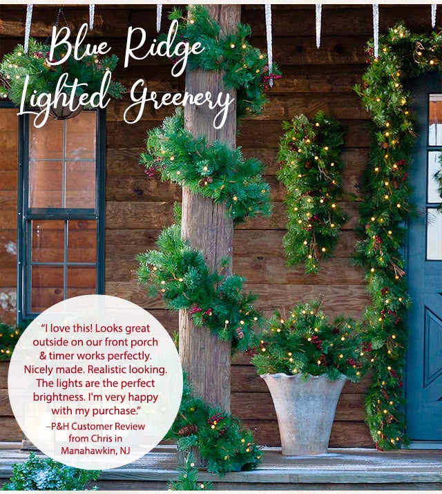 Blue Ridge Lighted Greenery âI love this! Looks great outside on our front porch & timer works perfectly. Nicely made. Realistic looking. The lights are the perfect brightness. I'm very happy with my purchase.â âP&H Customer Review from Chris in Manahawkin, NJ