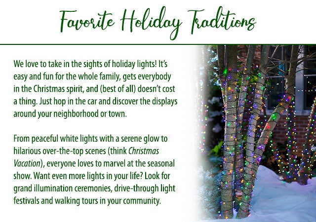 Favorite Holiday Traditions We love to take in the sights of holiday lights! Itâs easy and fun for the whole family, gets everybody in the Christmas spirit, and (best of all) doesnât cost a thing. Just hop in the car and discover the displays around your neighborhood or town. From peaceful white lights with a serene glow to hilarious over-the-top scenes (think Christmas Vacation), everyone loves to marvel at the seasonal show. Want even more lights in your life? Look for grand illumination ceremonies, drive-through light festivals and walking tours in your community.