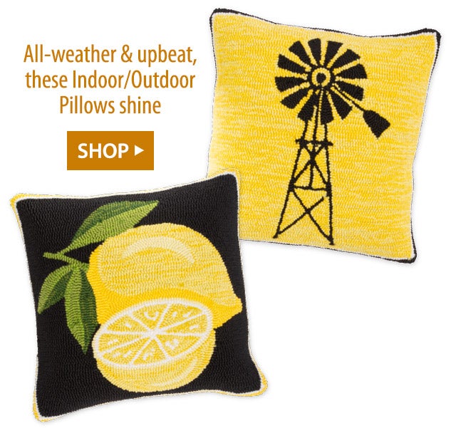 All-weather & upbeat, these Indoor/Outdoor Pillows shine