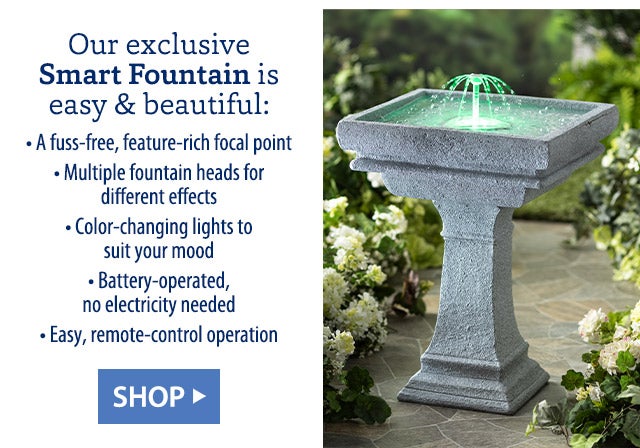 Our exclusive Smart Fountain is smart & beautiful: • A fuss-free, feature-rich focal point • Multiple fountain heads for different effects • Color-changing lights to suit your mood • Battery-operated, no electricity needed • Easy, remote-control operation SHOP>