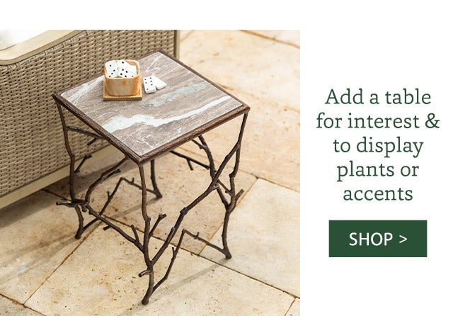 Add a table for interest & to display plants or accents SHOP>