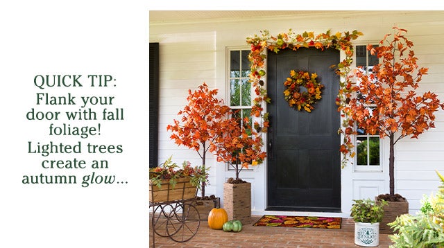 QUICK TIP: Flank your door with fall foliage! Lighted trees create an autumn glow…