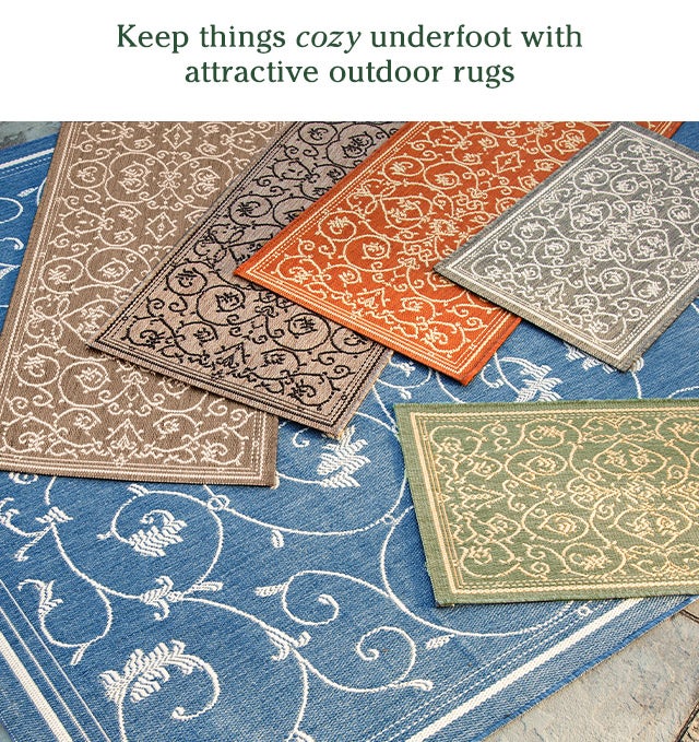 Keep things cozy underfoot with attractive outdoor rugs 