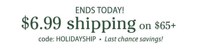 ENDS TODAY! $6.99 shipping on $65+ code: HOLIDAYSHIP Last chance savings!