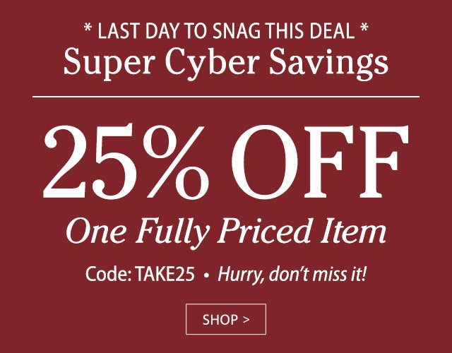 * LAST DAY TO SNAG THIS DEAL * * Super Cyber Savings * 25% OFF One Fully Priced Item Code: TAKE25 HURRY, DON’T MISS IT! Expires 11/21/22