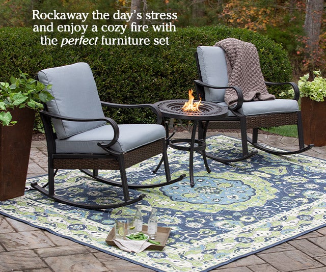 Rockaway the day’s stress and enjoy a cozy fire with the perfect furniture set