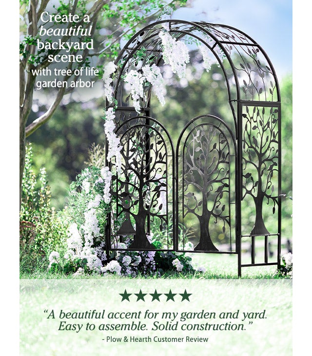 Create a beautiful backyard scene with tree of life garden arbor