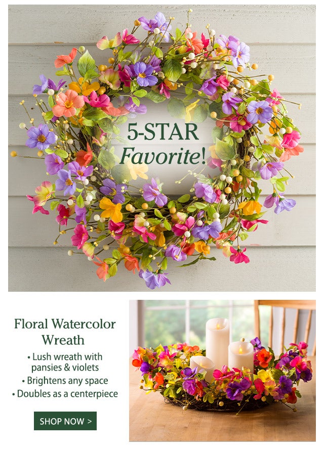 5-Star Favorite Floral Watercolor Wreath  Lush wreath with pansies & violets Brightens any space Doubles as a centerpiece