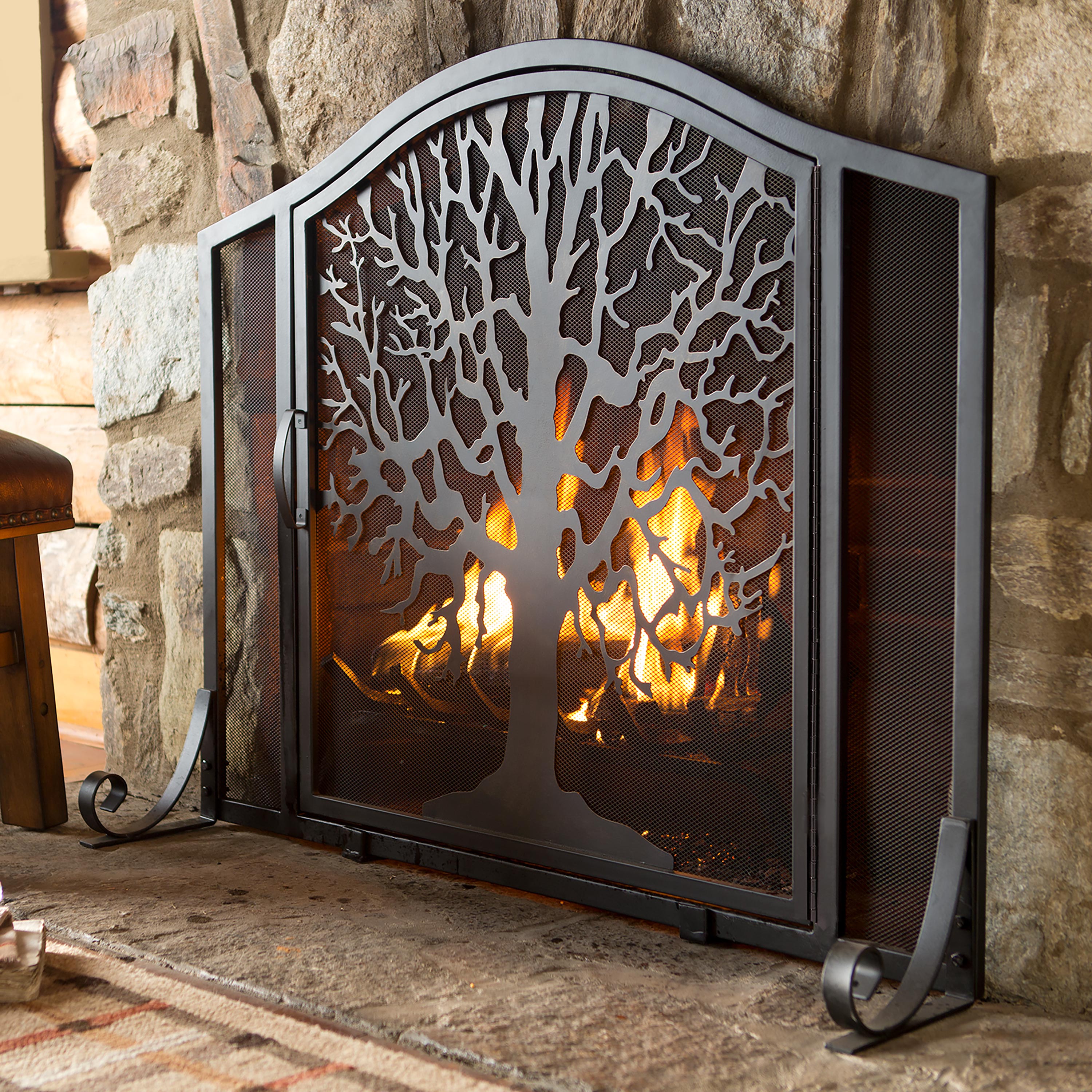 Small Tree of Life Fireplace Fire Screen with Door, in Black