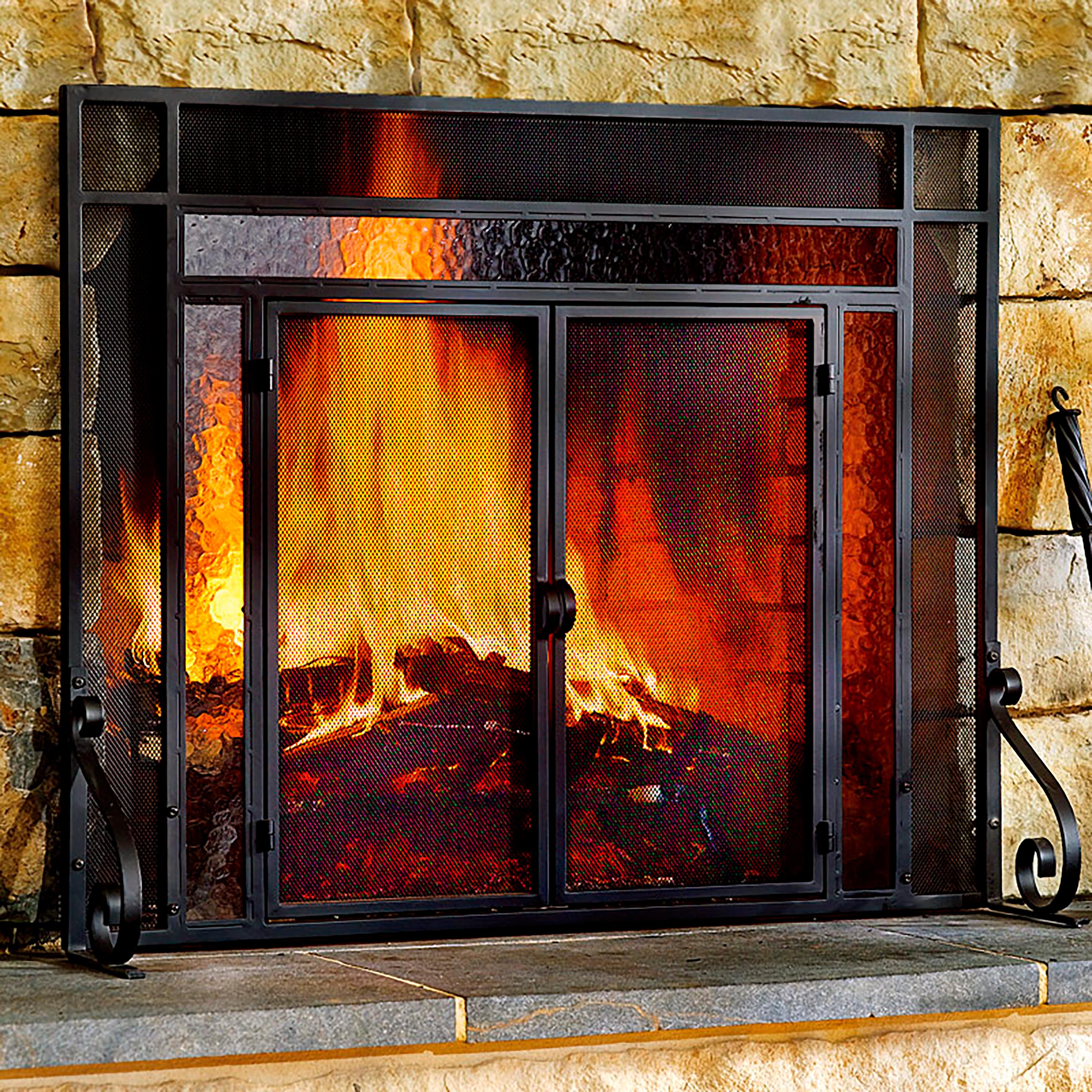 2 Door Steel Fireplace Fire Screen With Tempered Glass Accents