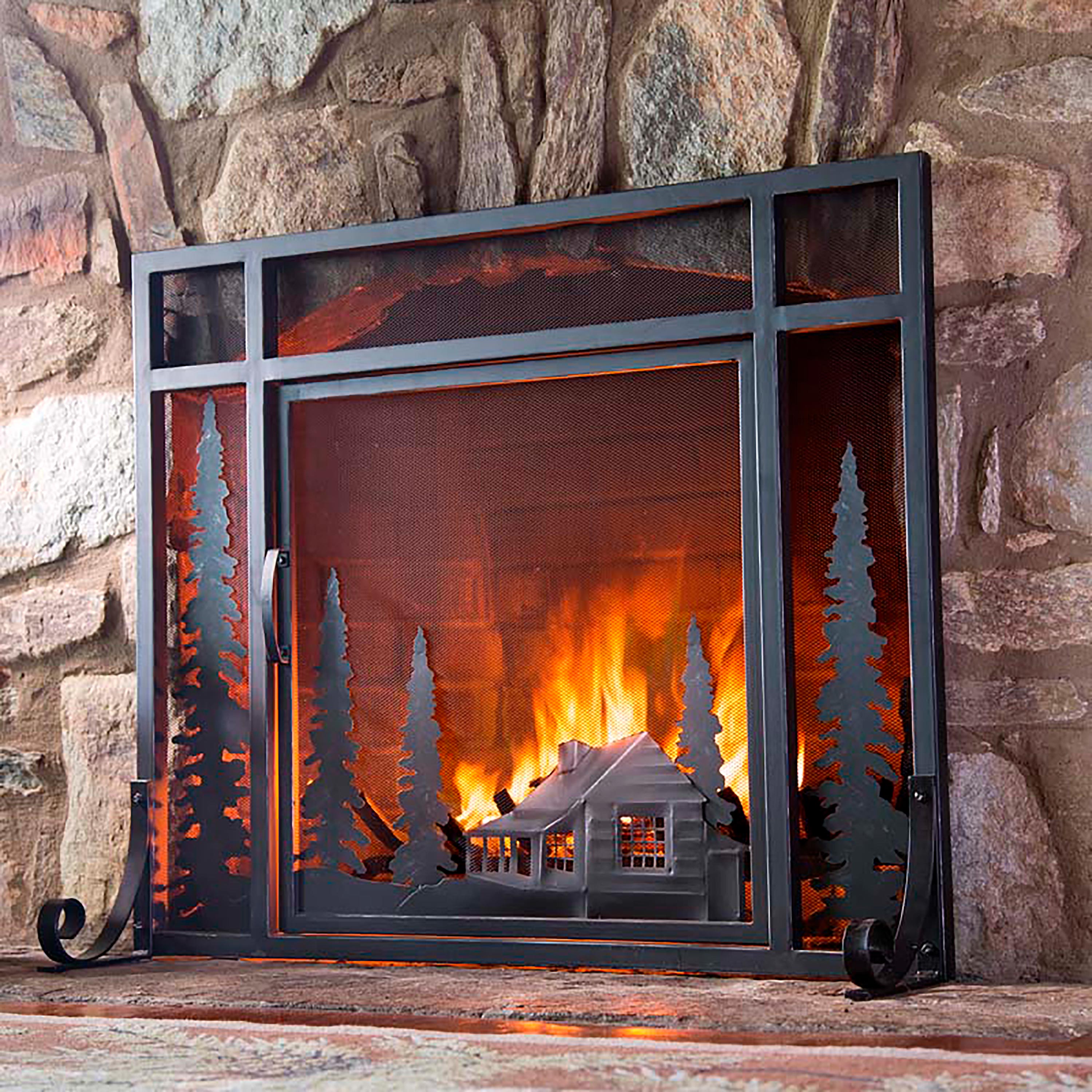 Small Mountain Cabin Fireplace Fire Screen with Door, in Black