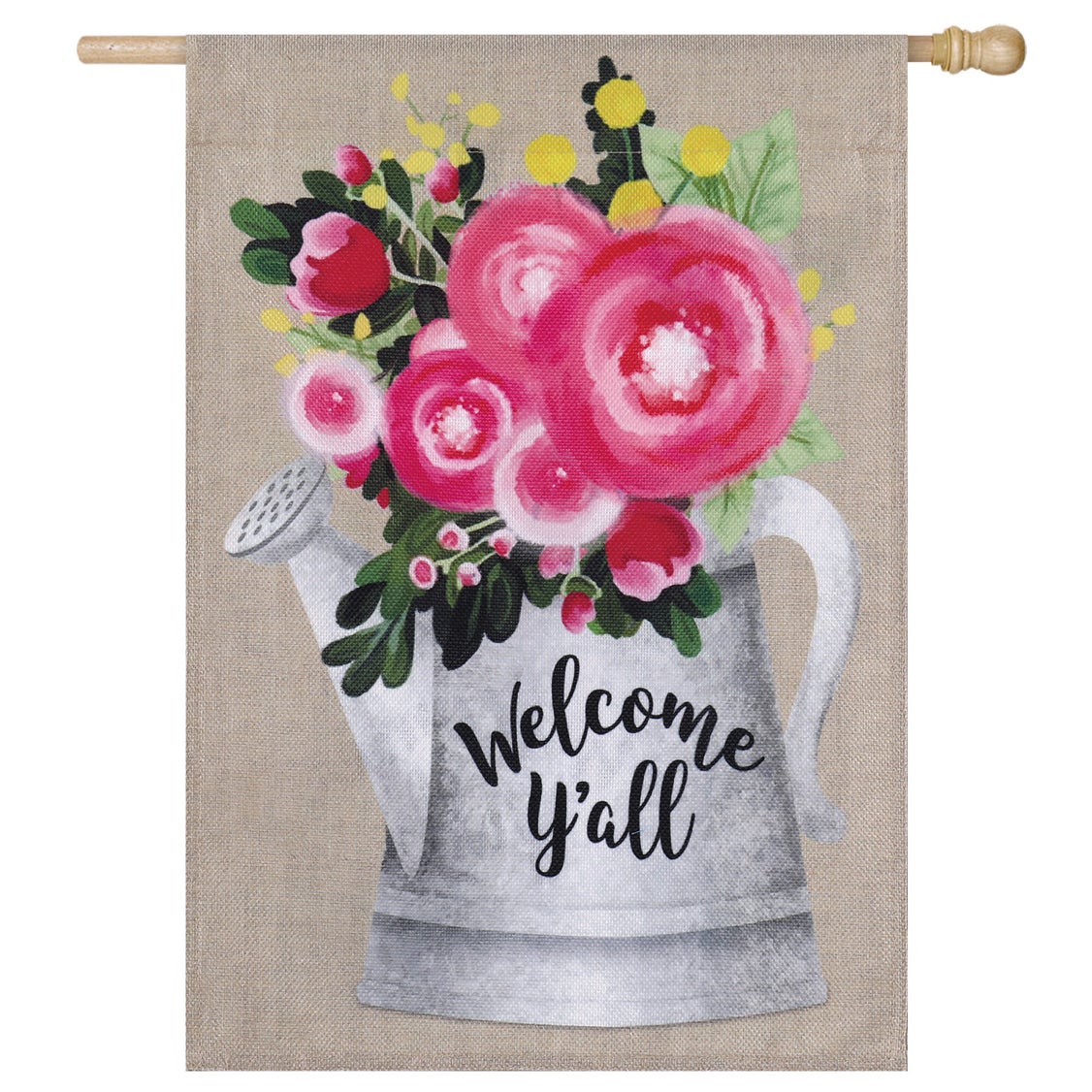 Welcome Y'all Floral Can House Burlap Flag