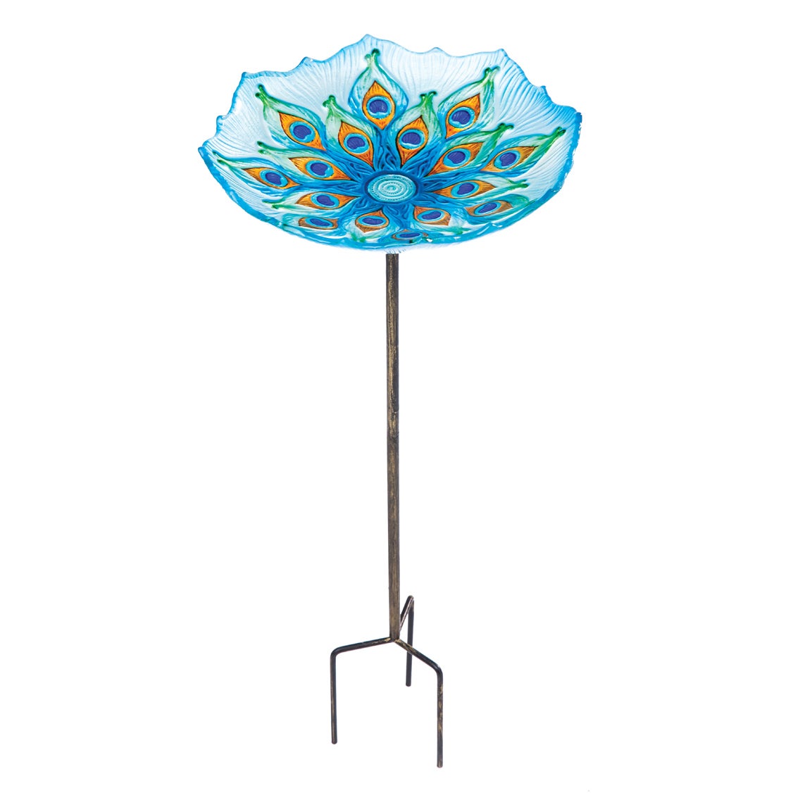 Peacock Glass Bird Bath with Metal Stake