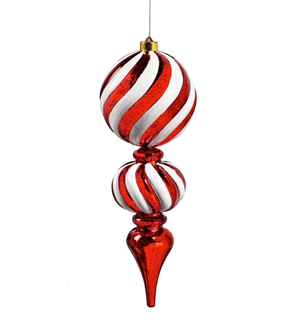 17"H Finial Shatterproof Battery Operated White Chasing Light LED Ornament, Red and White Swirl