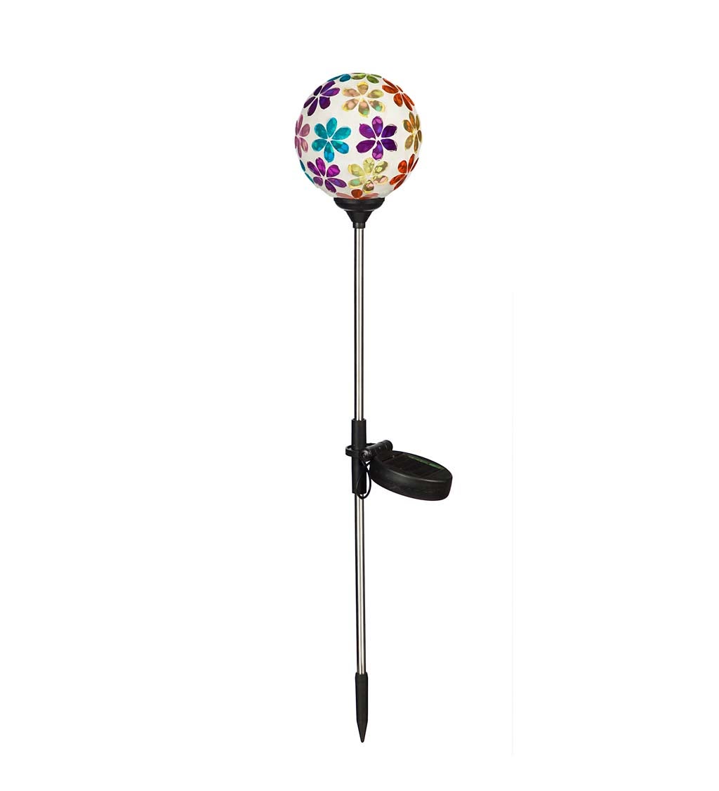 Colorful Flowers Mosaic Globes Solar Garden Stake