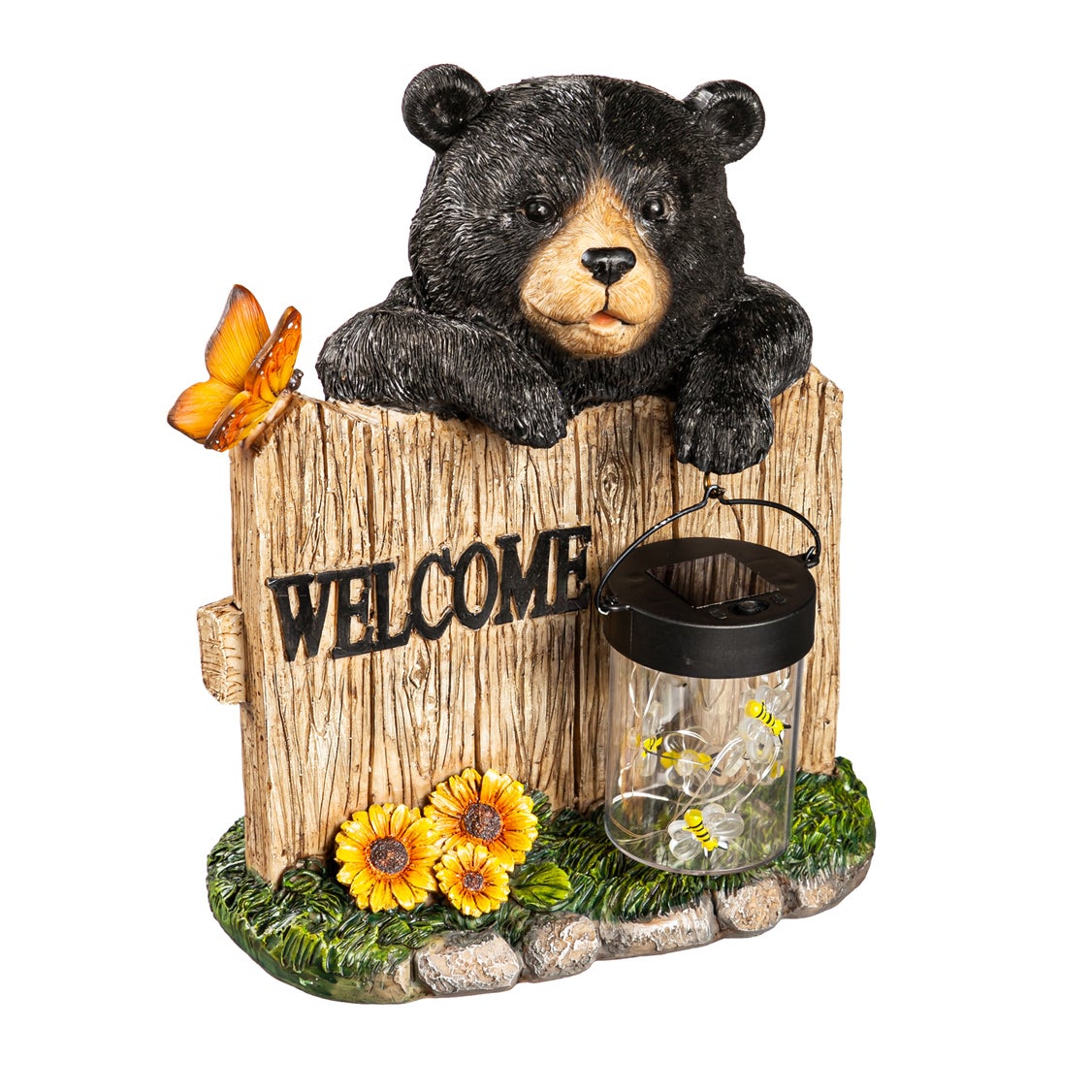 Black Bear Welcome Statue with Solar Lantern