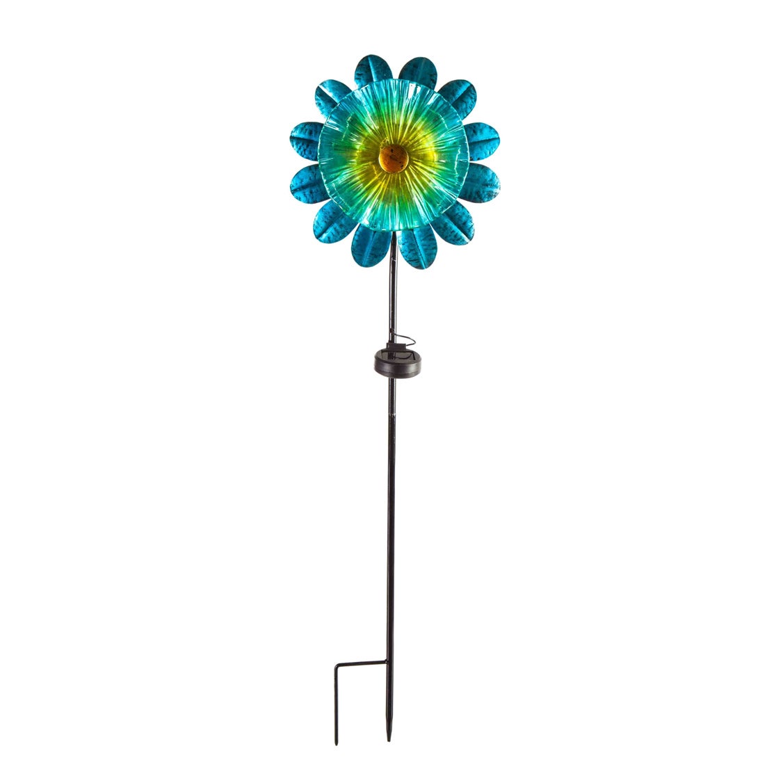 36" Solar Art Glass with Blue Metal Petals Floral Garden Stake