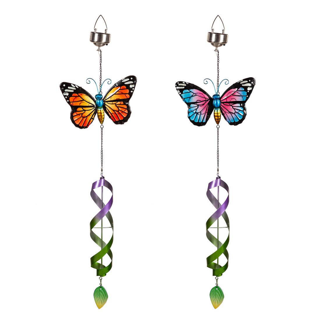 Glass Butterfly Solar Spinning Hanging Décor, Set of 2