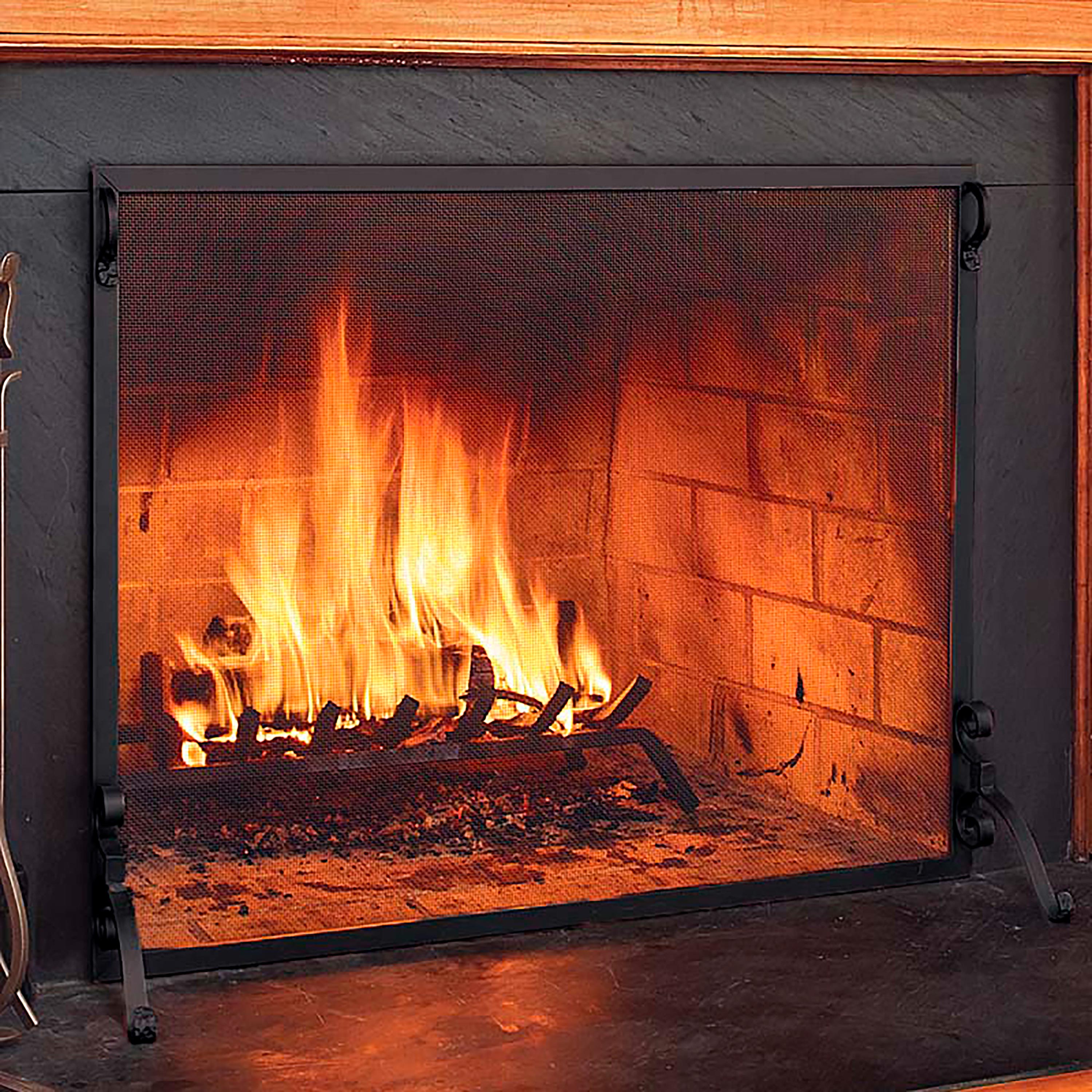44"W x 33"H Solid Steel Flat Guard Fireplace Fire Screen, in Black