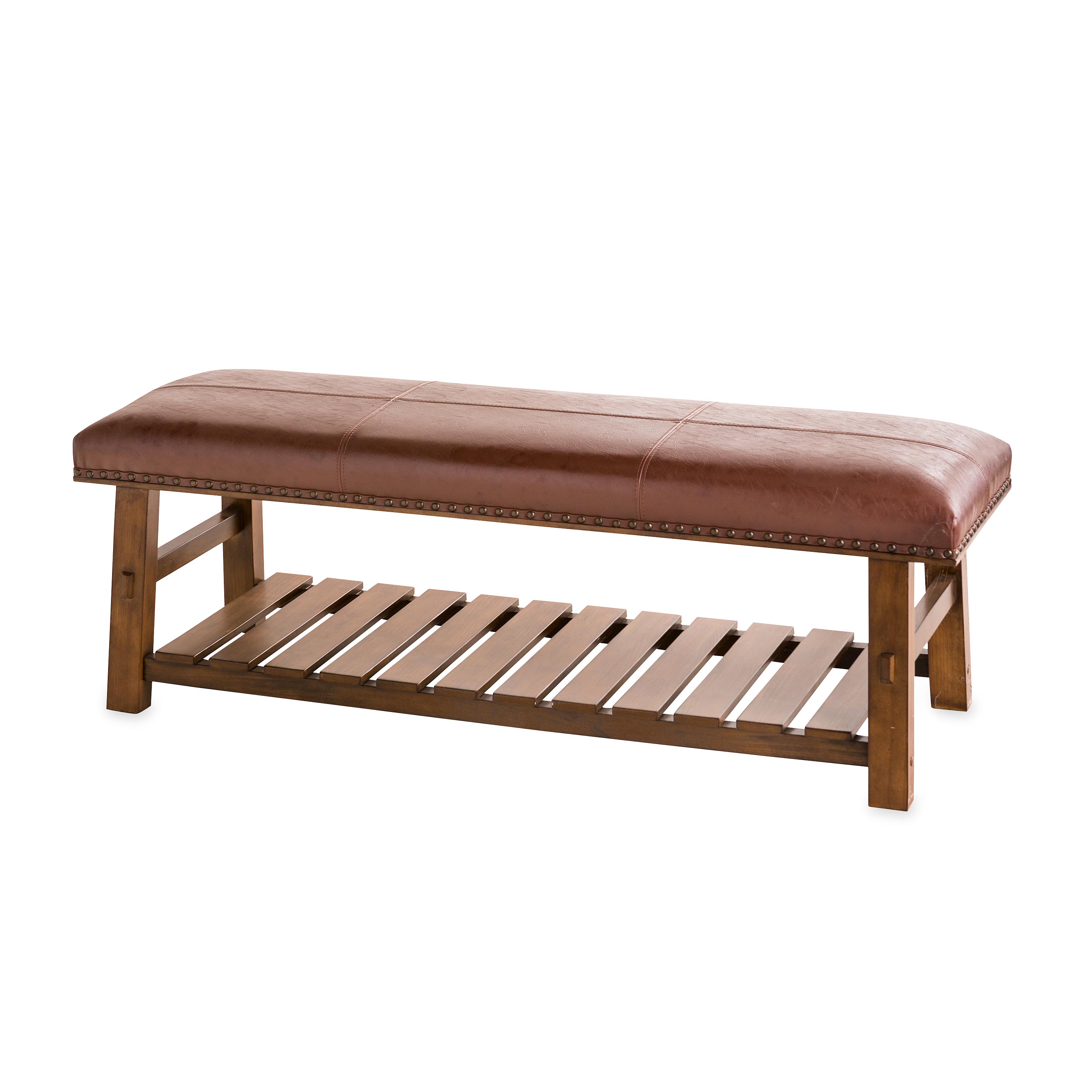 Canyon Brown Leather and Wood Bench with Slatted Bottom store Shelf