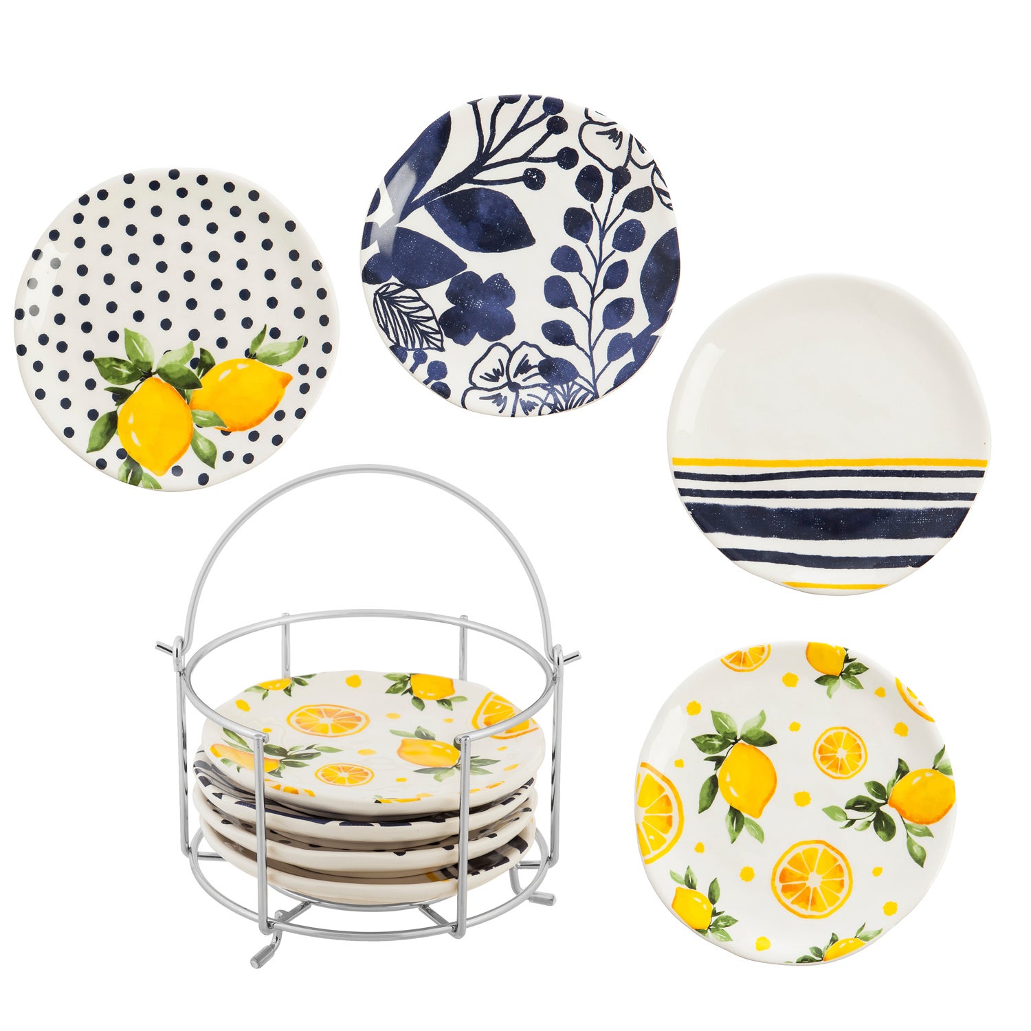Lemon Drop Collection Ceramic Appetizer Plates with Caddy