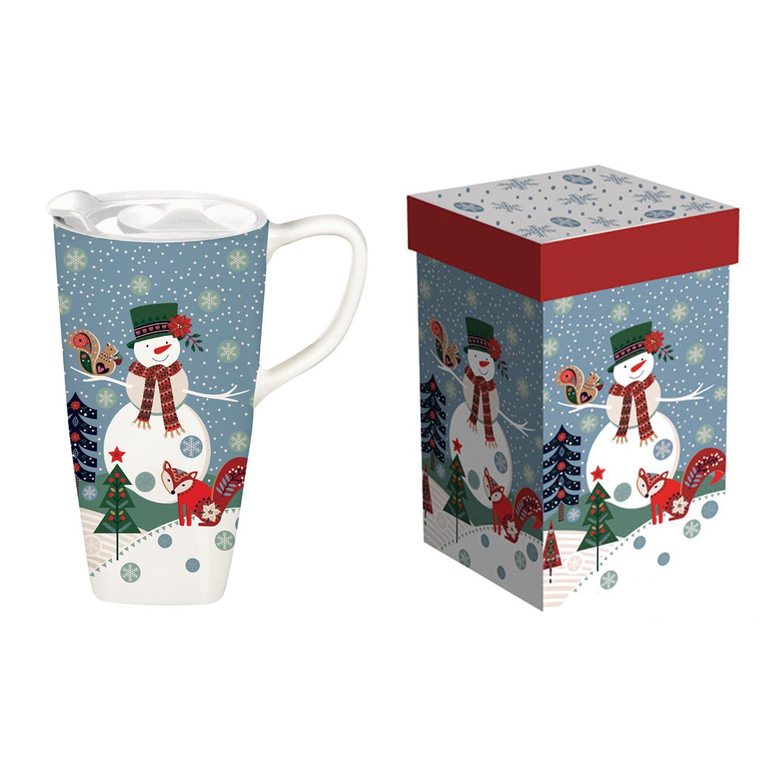 Ceramic On the Go Travel Cup, 17 oz., w/ Box, Snowman Print