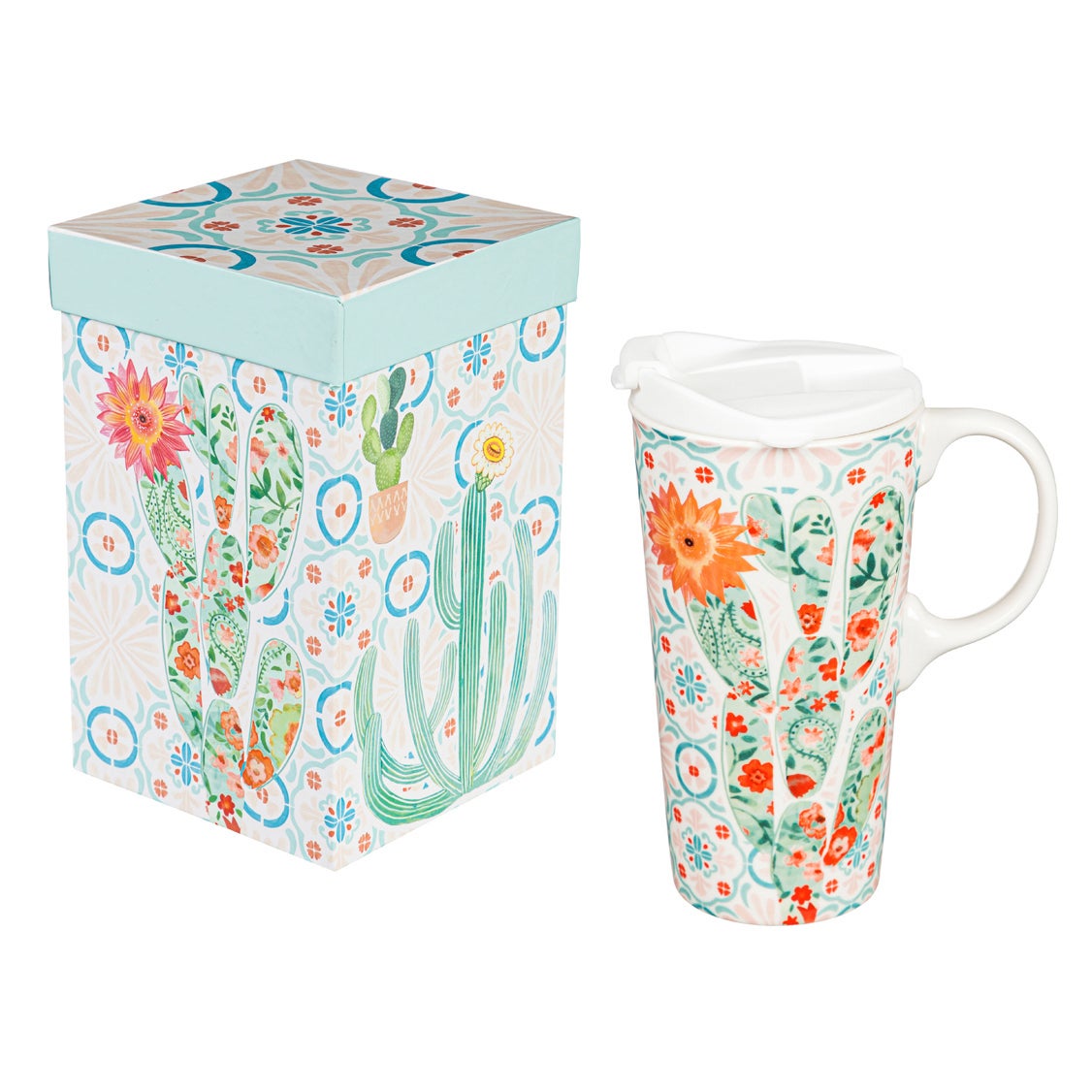 Desert Cacti Floral Ceramic Travel Cup Gift Set, 17 oz.