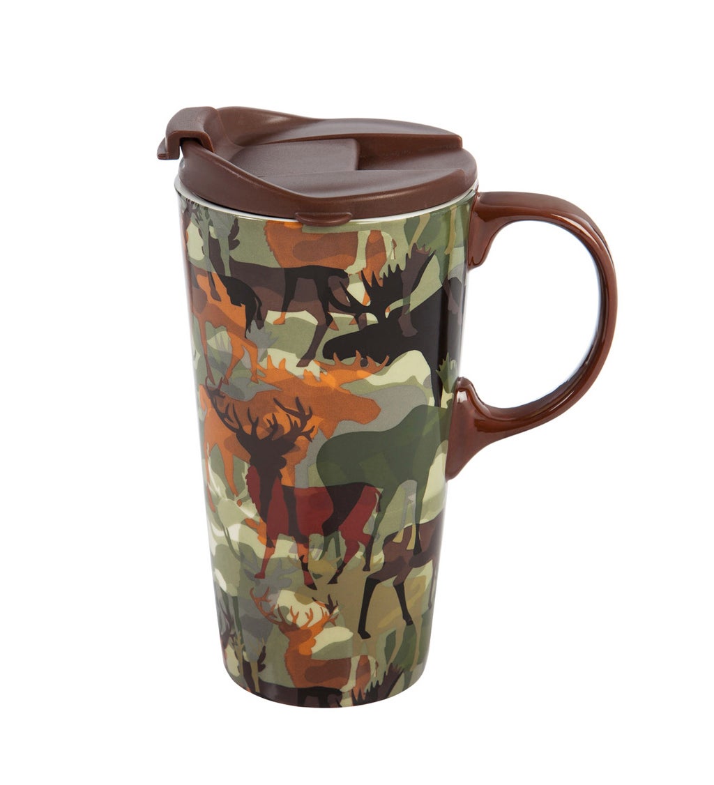 Woodland Camouflage 17 oz Ceramic Travel Cup with box