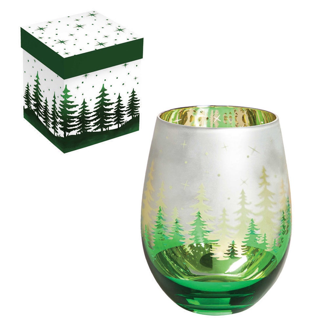 18oz Stemless Glass with Ion Plating and Etched Decoration, Green, Trees