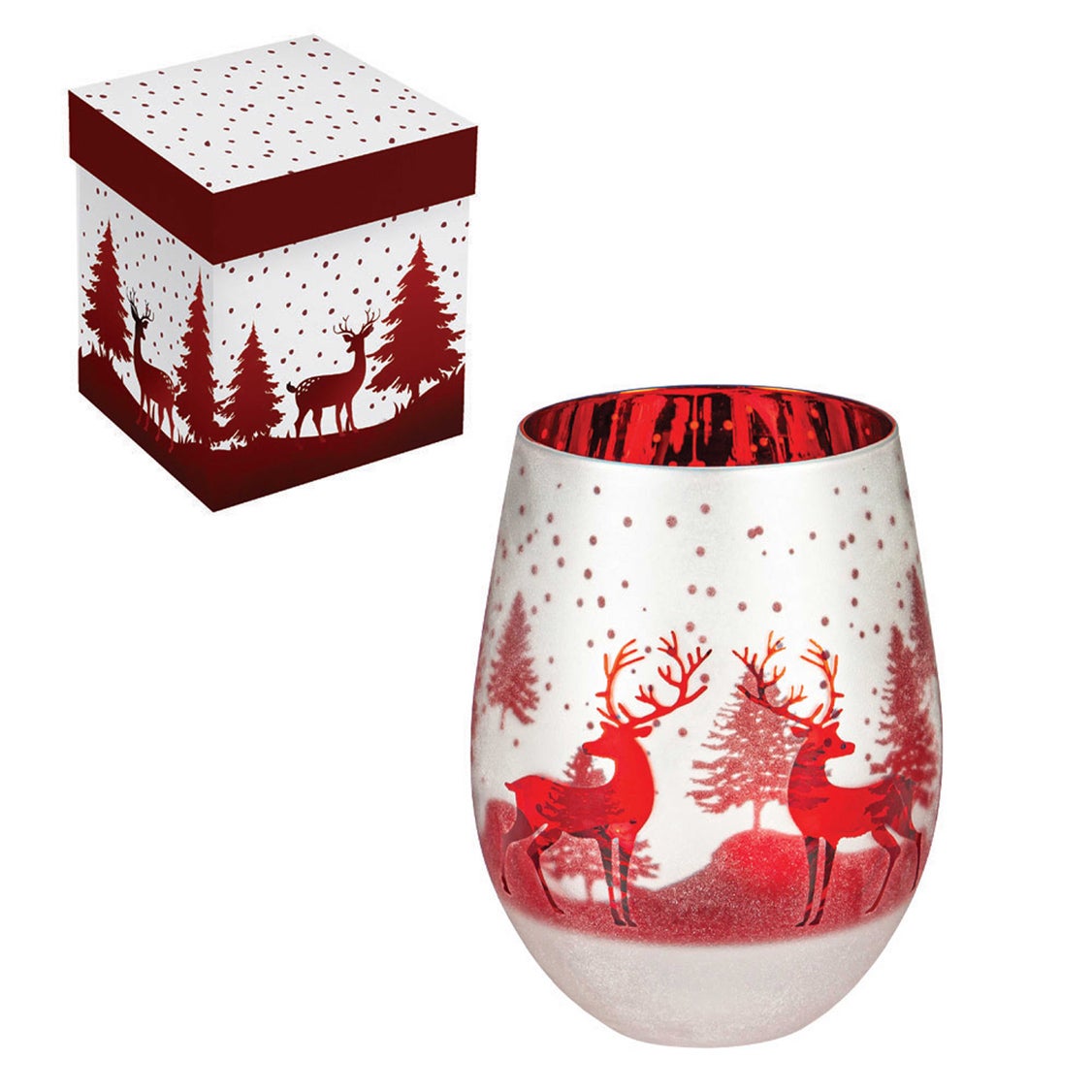 18oz Stemless Glass with Ion Plating and Etched Decoration, Red, Buck