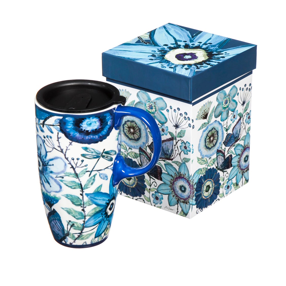 Shades of Indigo Flowers and Butterflies Ceramic Travel Coffee Mug