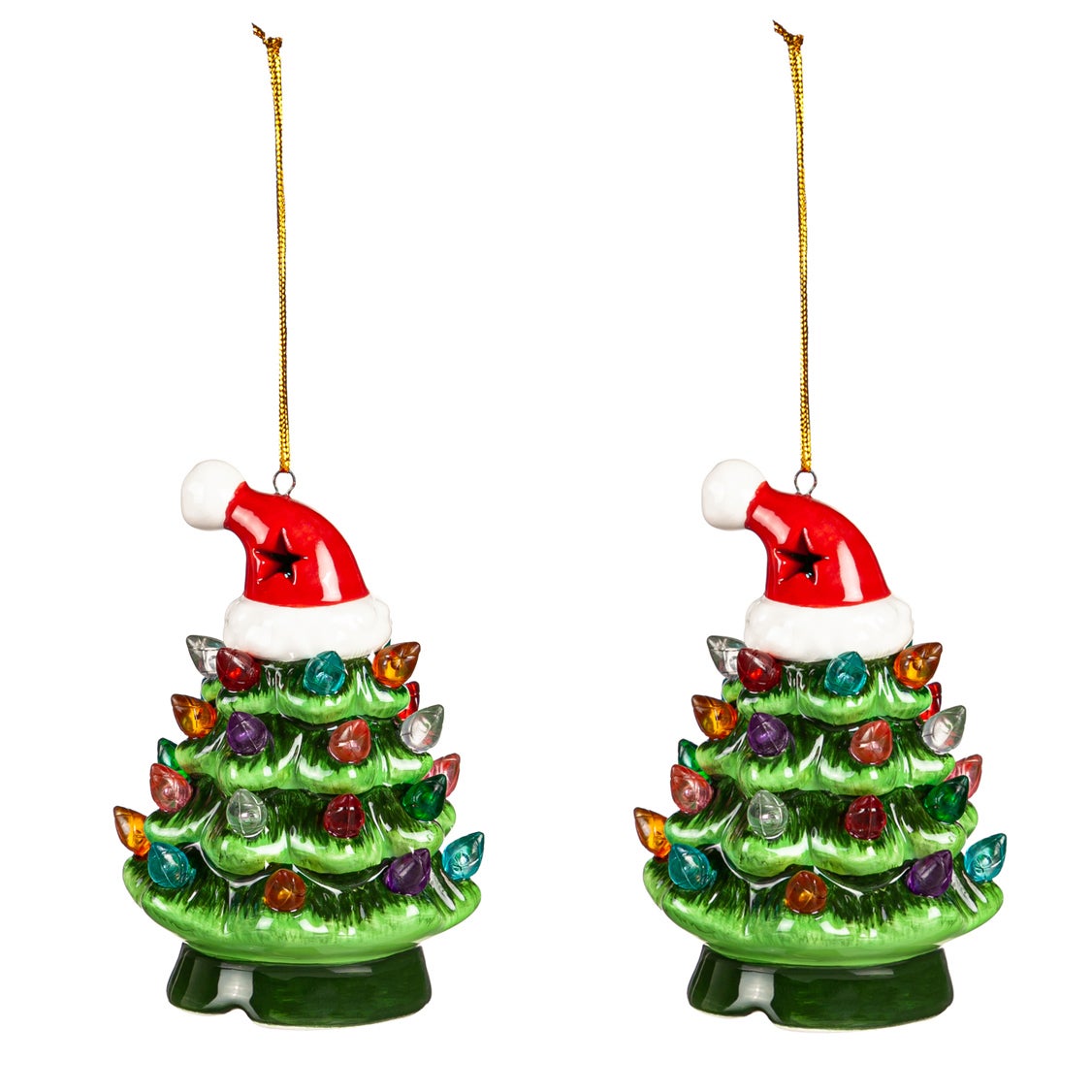 4" LED Ceramic Christmas Tree Ornament with Santa Hat, Set of 2