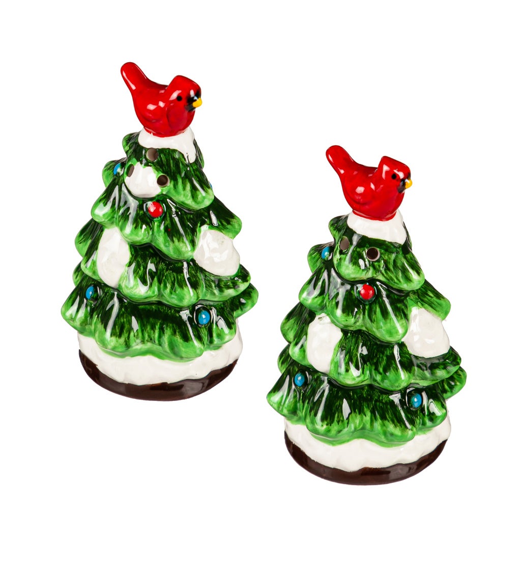 Ceramic Christmas Tree with Cardinal Salt and Pepper Shaker Set