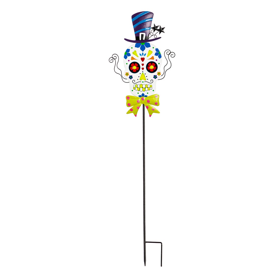 Glow in the Dark Sugar Skull Garden Stake With Hat