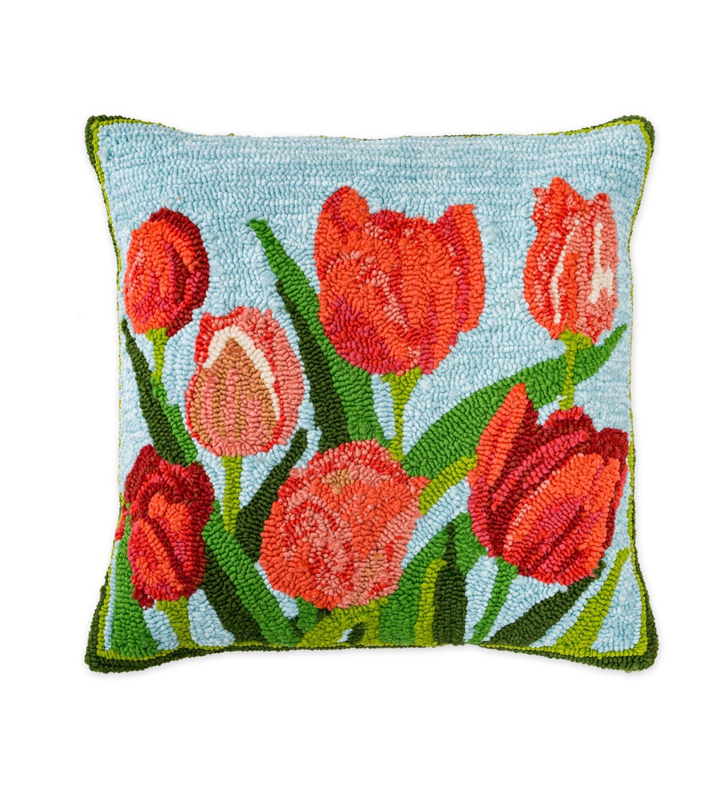 Indoor/Outdoor Pink Tulips Hooked Polypropylene Throw Pillow 18"x18"