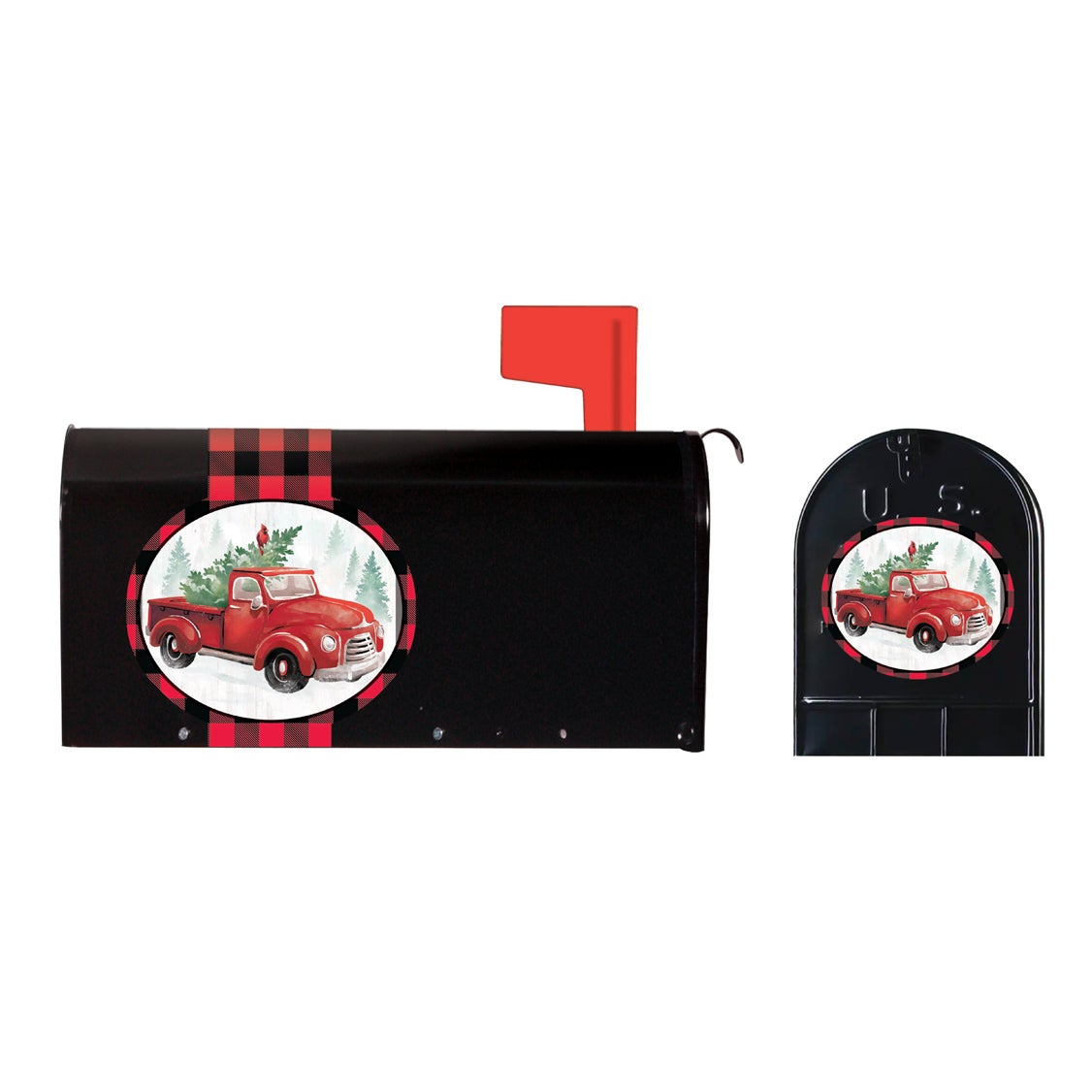 Red Truck Mailbox Saddle with Magnetic Mailbox Door Decor Set